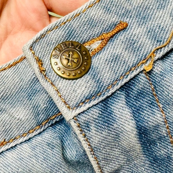 EUC Spell & The Gypsy Light Blue Wanderlust Embroidered Denim Shorts w/ Raw Hem - Picture 9 of 12